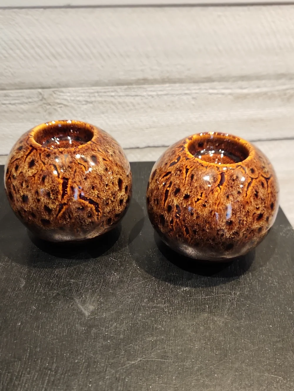 Glazed Ceramic Sphere Votive Candle Holders - Brown Pair